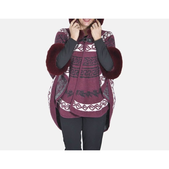 Tamsy Cranberry Half Moon Faux Fur Lined Hooded Poncho with Snap on Button - Picture 3 of 5